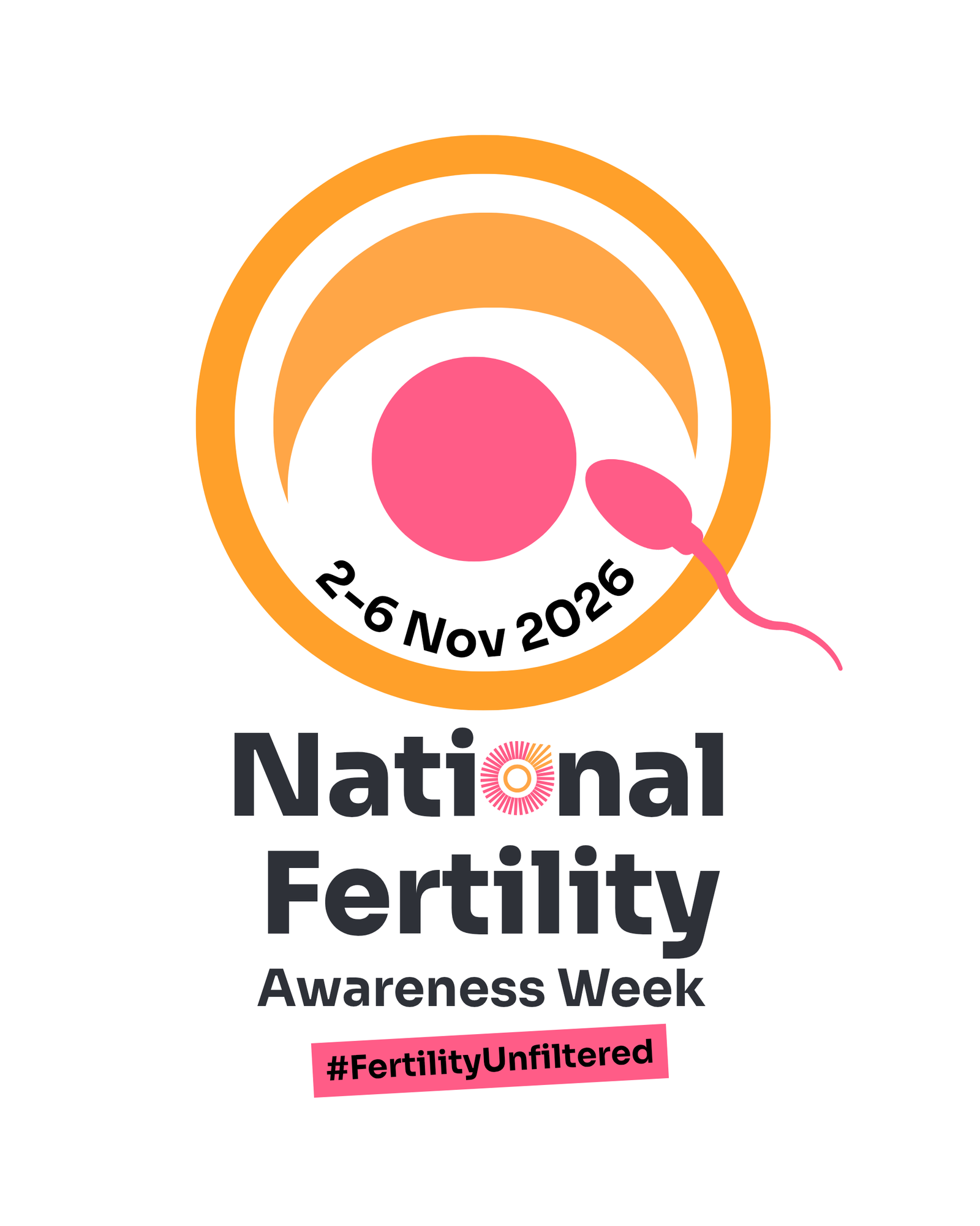 National Fertility Awareness Week (NFAW) 2026. Theme Fertility Unfiltered logo shows an orange circle with an egg and a sperm coming together