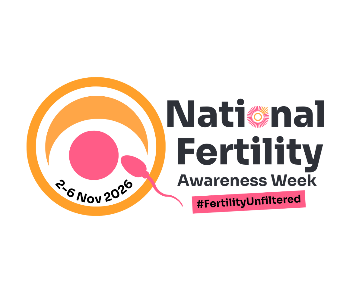 National Fertility Awareness Week, 2-6 November 2026, #FertilityUnfiltered. Logo of an orange circle with an egg and sperm coming together.